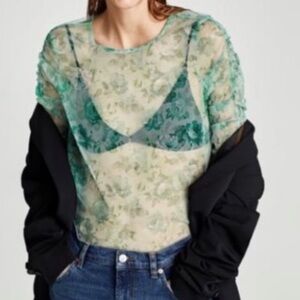 Zara Sheer Floral Ruched Long Sleeve Blouse